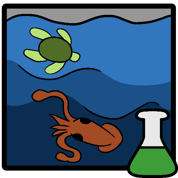 Three layers of ocean that get progressively darker with a sea turtle in the highest, and a giant squid in the lowest, in a frame with a green beaker in the corner.